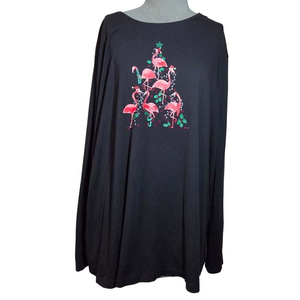 Black Cotton Flamingo Holliday Christmas Embellished Tee Size 4X
